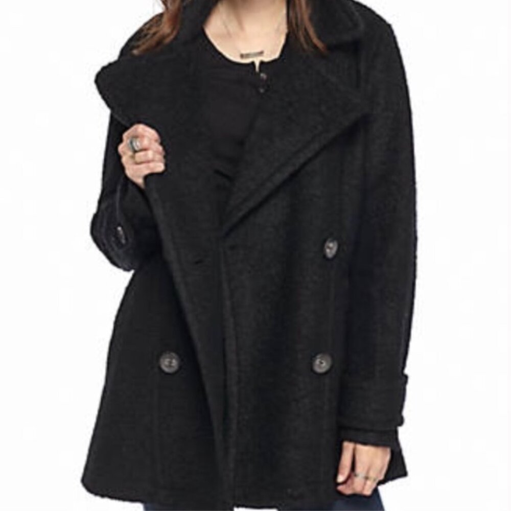 Free People Black Boucle Wool Double Breasted Pea Coat M Relaxed Fit Wide Collar